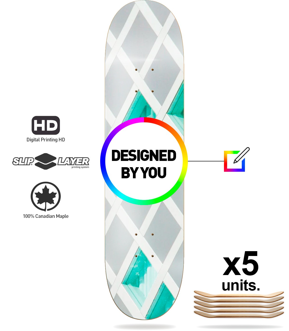 Pack 5 Skate Decks With Your Own Design Or Brand By You